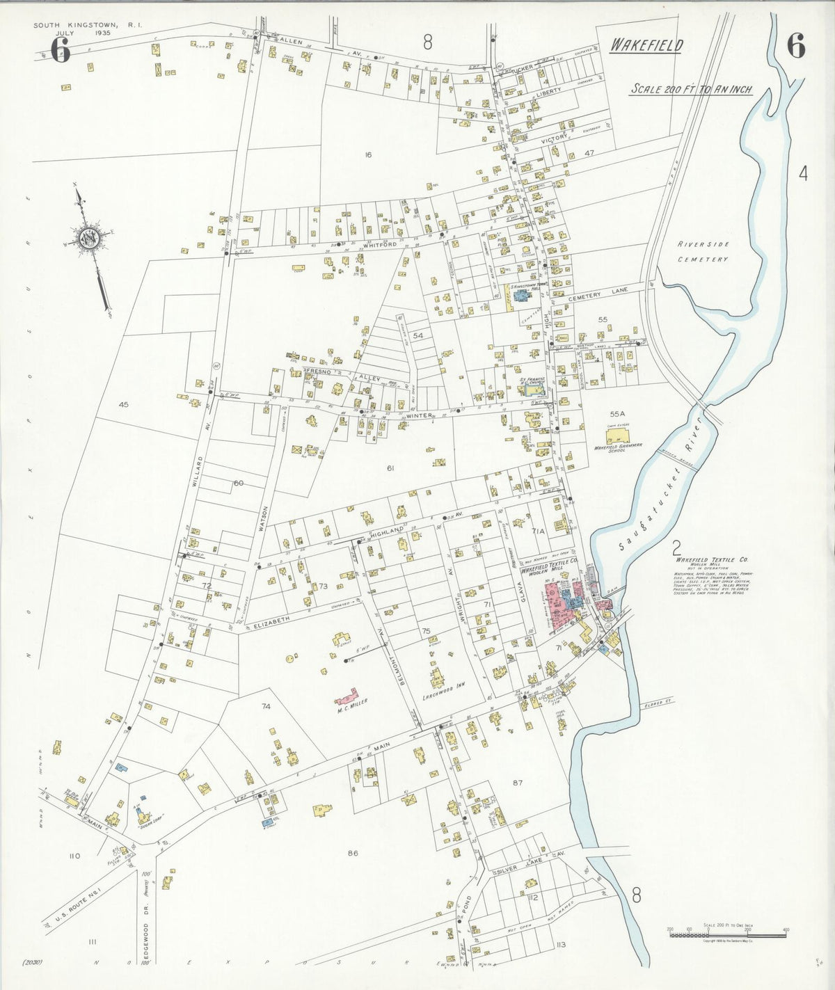 Sanborn Fire Insurance Map from South Kingstown, Washington County, Rhode Island (1935), Sheet #0006 - Historic Sanborn Fire Insurance Map Print, vintage old map wall art, antique decor, genealogy gift, Rhode Island Rhode Island map