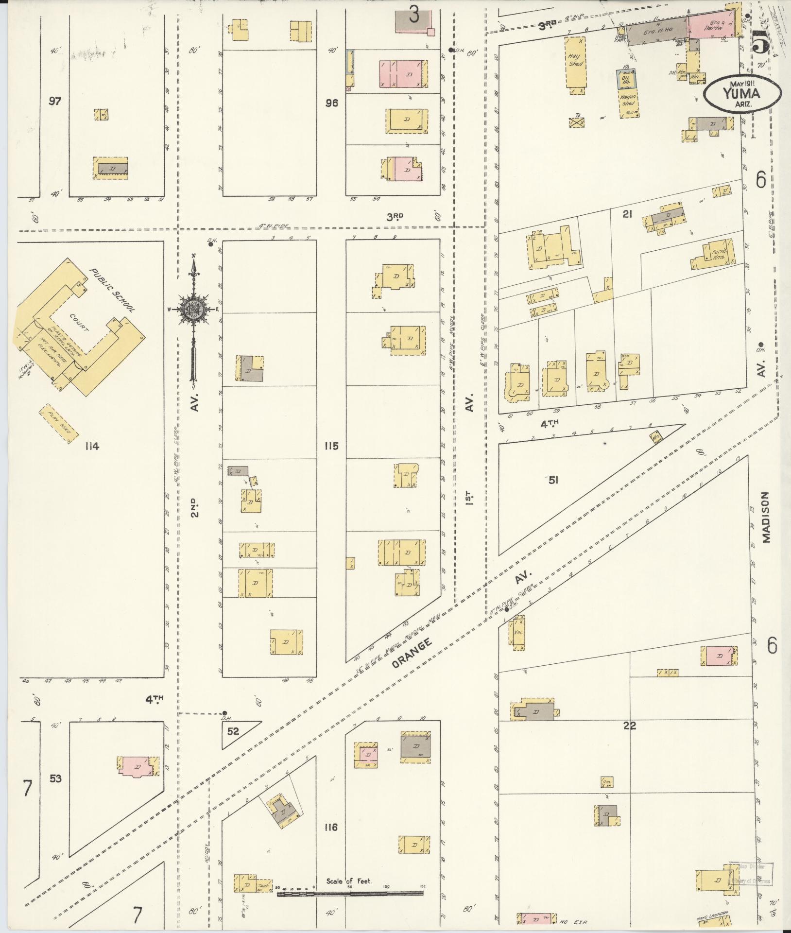 Sanborn Fire Insurance Map from Yuma, Yuma County, Arizona (1911), Sheet #0005 - Historic Sanborn Fire Insurance Map Print, vintage old map wall art, antique decor, genealogy gift, Arizona Arizona map