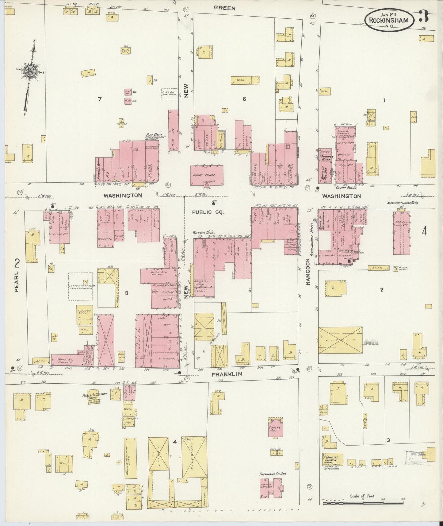 Sanborn Fire Insurance Map from Rockingham, Richmond County, North Carolina (1911), Sheet #0003 - Complete Map Set gallery image, historic Sanborn map, vintage wall art, North Carolina North Carolina