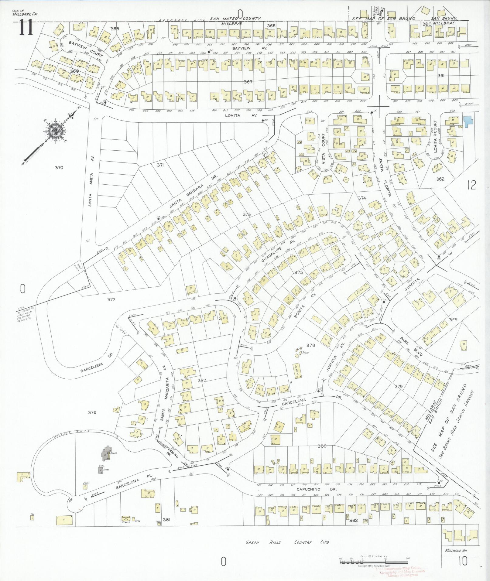 Sanborn Fire Insurance Map from Millbrae, San Mateo County, California (1949), Sheet #0011 - Historic Sanborn Fire Insurance Map Print, vintage old map wall art, antique decor, genealogy gift, California California map
