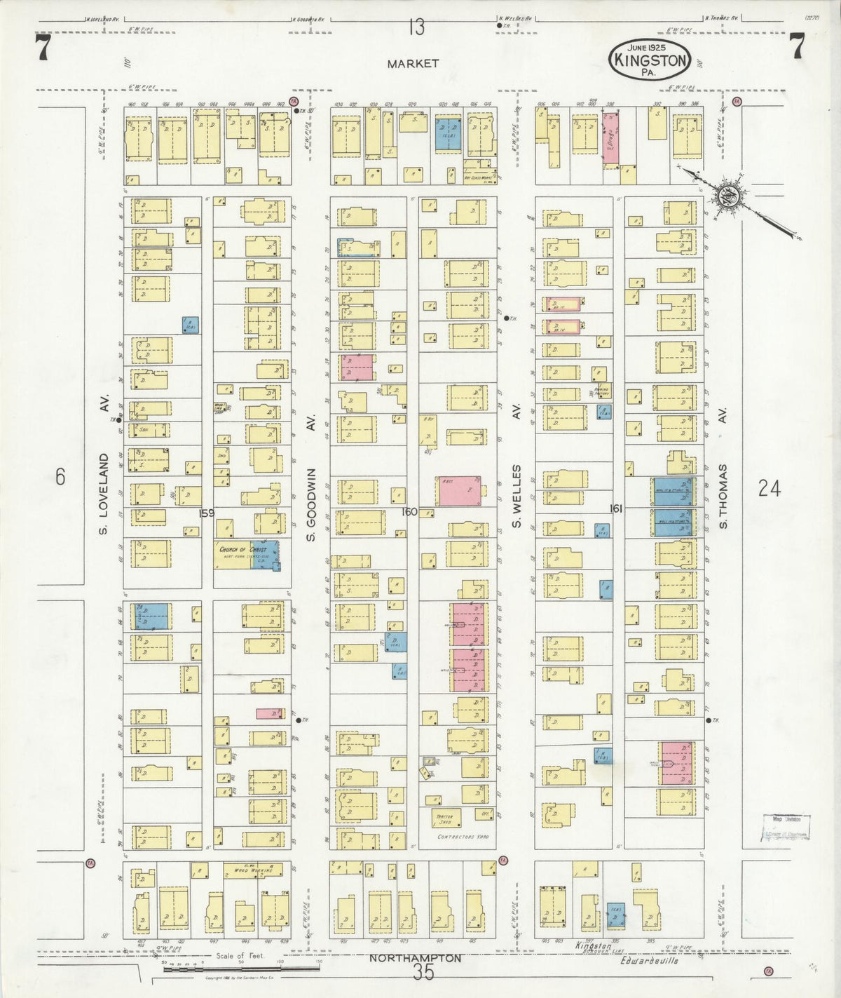 Sanborn Fire Insurance Map from Kingston, Luzerne County, Pennsylvania (1925), Sheet #0007 - Historic Sanborn Fire Insurance Map Print, vintage old map wall art, antique decor, genealogy gift, Pennsylvania Pennsylvania map