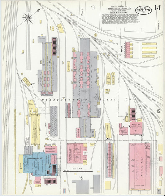 Sanborn Fire Insurance Map from Steelton, Dauphin County, Pennsylvania (1909), Sheet #0014 - Historic Sanborn Fire Insurance Map Print, vintage old map wall art, antique decor, genealogy gift, Pennsylvania Pennsylvania map