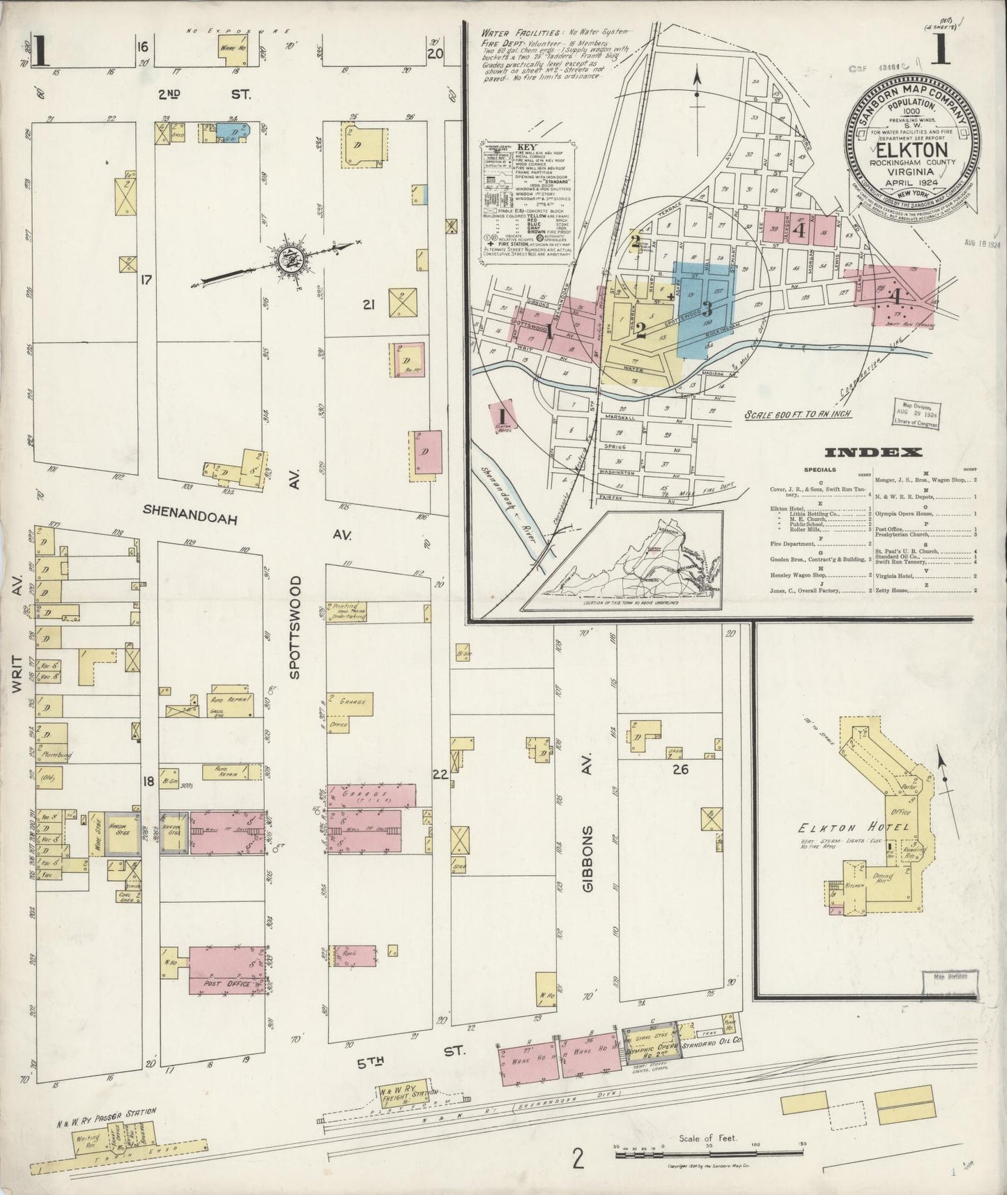 Sanborn Fire Insurance Map from Elkton, Rockingham County, Virginia (1924), Sheet #0001 - Historic Sanborn Fire Insurance Map Print, vintage old map wall art, antique decor, genealogy gift, Virginia Virginia map