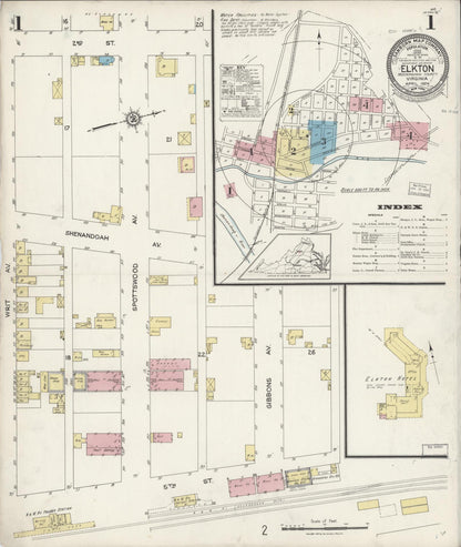 Sanborn Fire Insurance Map from Elkton, Rockingham County, Virginia (1924), Sheet #0001 - Historic Sanborn Fire Insurance Map Print, vintage old map wall art, antique decor, genealogy gift, Virginia Virginia map