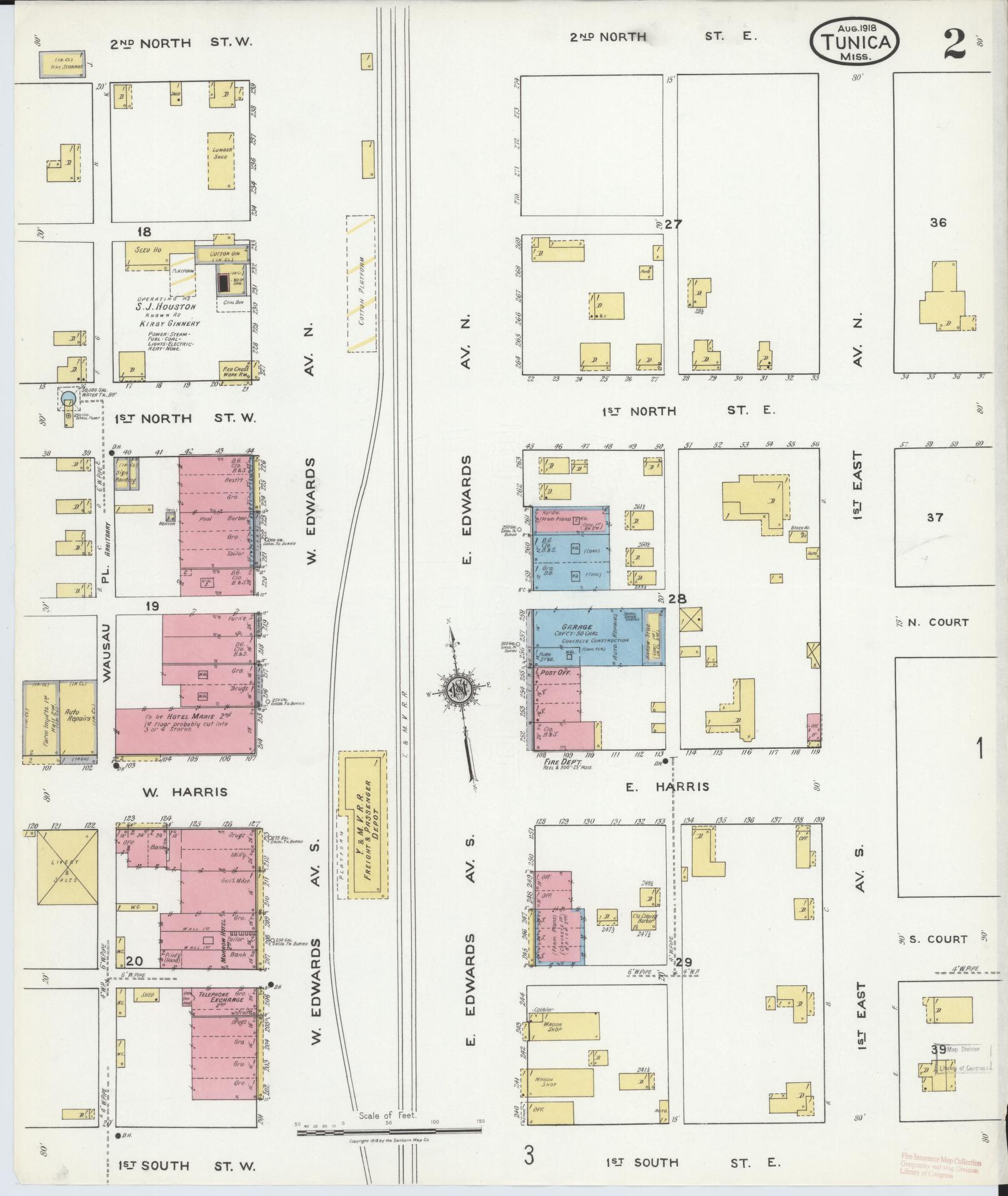 Sanborn Fire Insurance Map from Tunica, Tunica County, Mississippi (1918), Sheet #0002 - Historic Sanborn Fire Insurance Map Print, vintage old map wall art, antique decor, genealogy gift, Mississippi Mississippi map