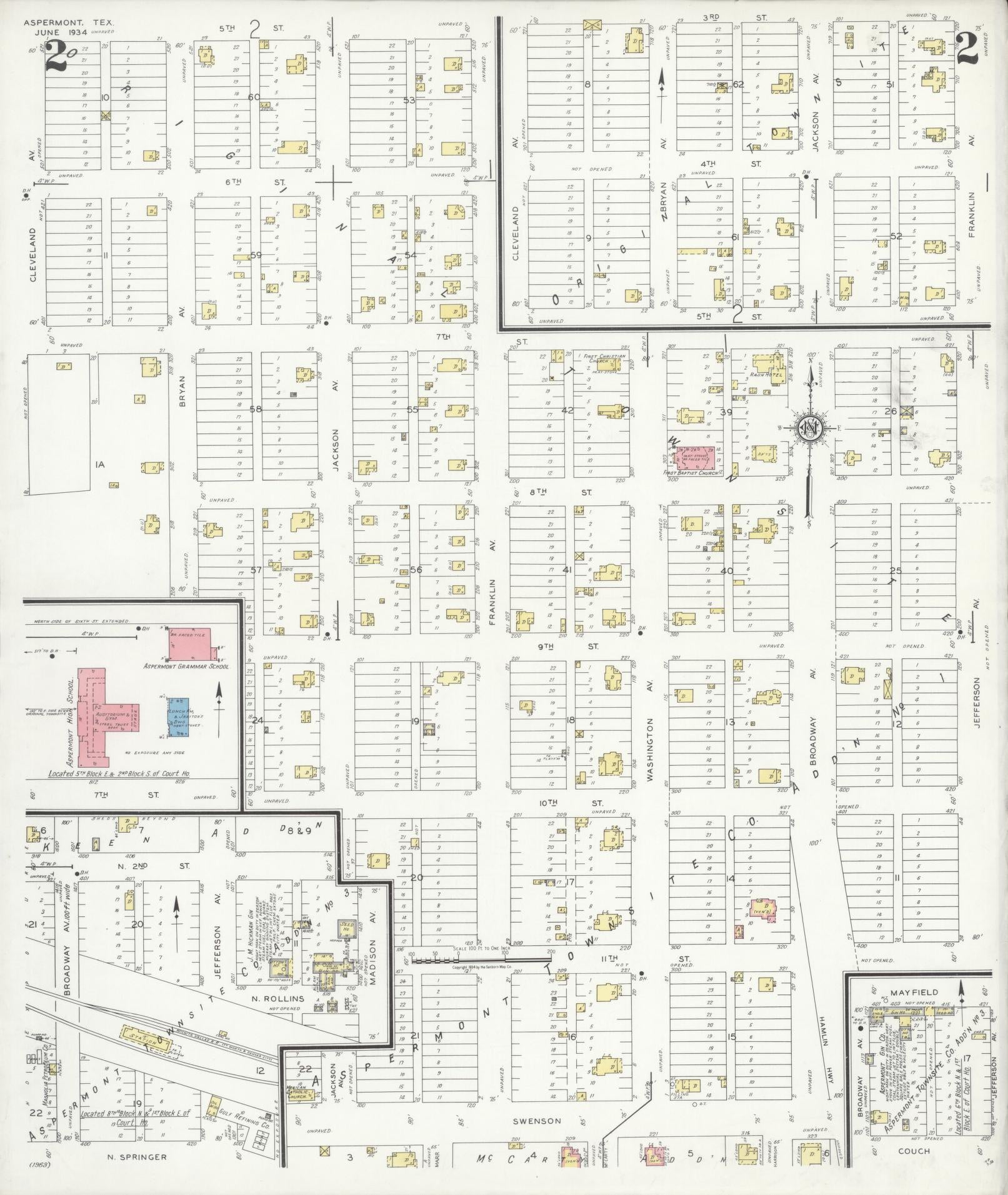 Sanborn Fire Insurance Map from Aspermont, Stonewall County, Texas (1934), Sheet #0002 - Historic Sanborn Fire Insurance Map Print, vintage old map wall art, antique decor, genealogy gift, Texas Texas map