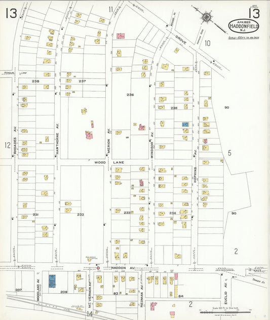 Sanborn Fire Insurance Map from Haddonfield, Camden County, New Jersey (1923), Sheet #0013 - Historic Sanborn Fire Insurance Map Print, vintage old map wall art, antique decor, genealogy gift, New Jersey New Jersey map