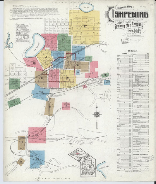 Sanborn Fire Insurance Map from Ishpeming, Marquette County, Michigan (1917), Sheet #0001 - Historic Sanborn Fire Insurance Map Print, vintage old map wall art, antique decor, genealogy gift, Michigan Michigan map