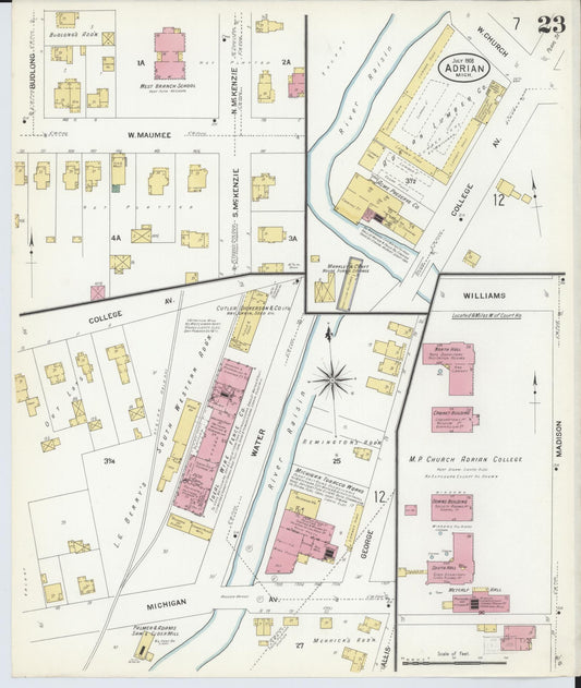 Sanborn Fire Insurance Map from Adrian, Lenawee County, Michigan (1908), Sheet #0023 - Historic Sanborn Fire Insurance Map Print, vintage old map wall art, antique decor, genealogy gift, Michigan Michigan map