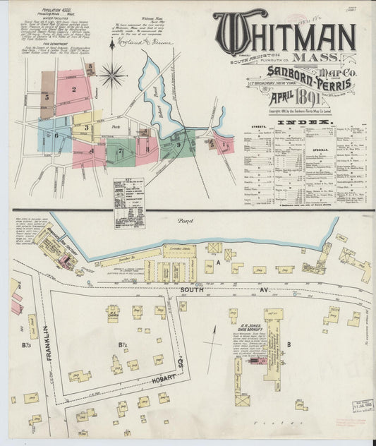 Sanborn Fire Insurance Map from Whitman, Plymouth County, Massachusetts (1891), Sheet #0001 - Historic Sanborn Fire Insurance Map Print, vintage old map wall art, antique decor, genealogy gift, Massachusetts Massachusetts map