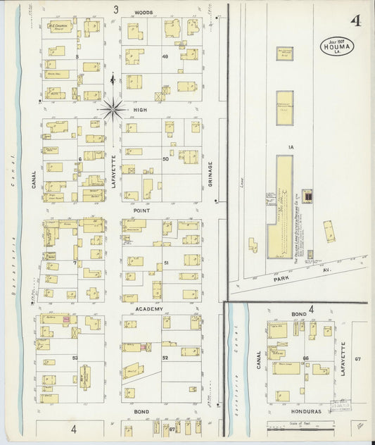 Sanborn Fire Insurance Map from Houma, Terrebonne Parish, Louisiana (1907), Sheet #0004 - Historic Sanborn Fire Insurance Map Print, vintage old map wall art, antique decor, genealogy gift, Louisiana Louisiana map