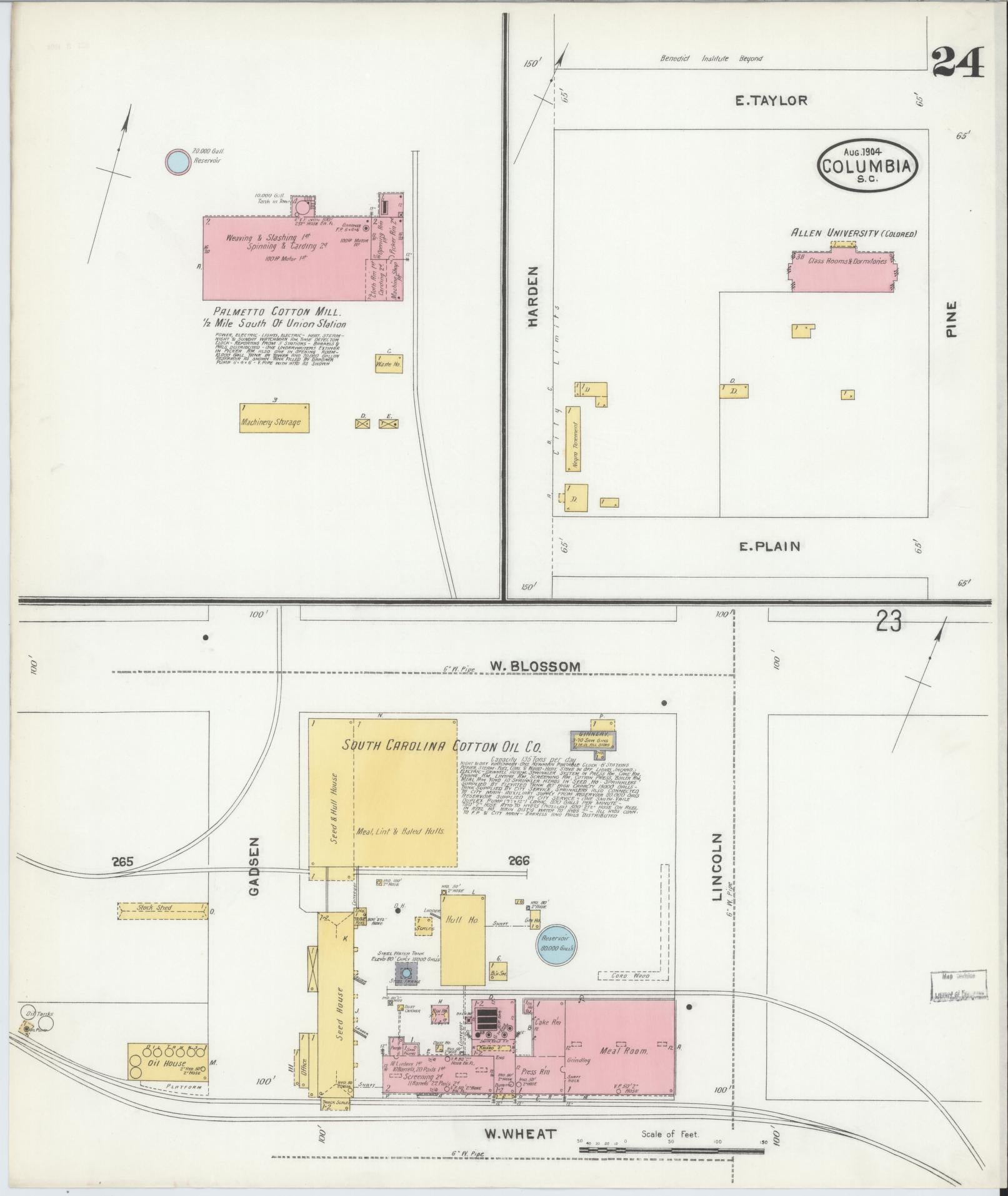 Sanborn Fire Insurance Map from Columbia, Richland County, South Carolina (1904), Sheet #0024 - Complete Map Set gallery image, historic Sanborn map, vintage wall art, South Carolina South Carolina