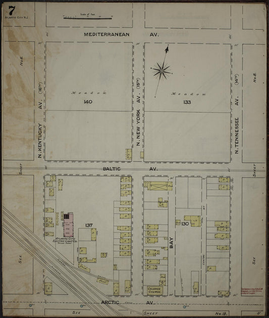 Sanborn Fire Insurance Map from Atlantic City, Atlantic County, New Jersey (1886), Sheet #0007 - Historic Sanborn Fire Insurance Map Print, vintage old map wall art, antique decor, genealogy gift, New Jersey New Jersey map