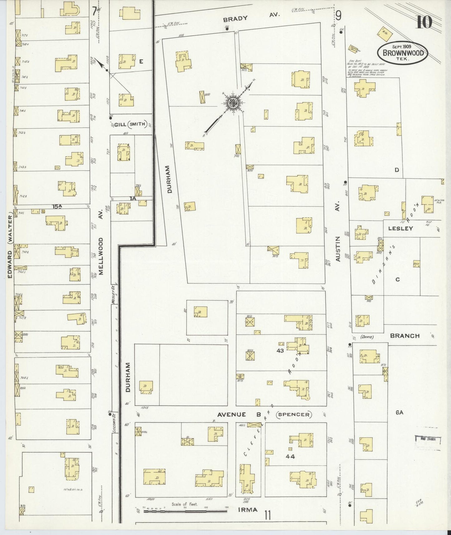 Sanborn Fire Insurance Map from Brownwood, Brown County, Texas (1909), Sheet #0010 - Historic Sanborn Fire Insurance Map Print, vintage old map wall art, antique decor, genealogy gift, Texas Texas map