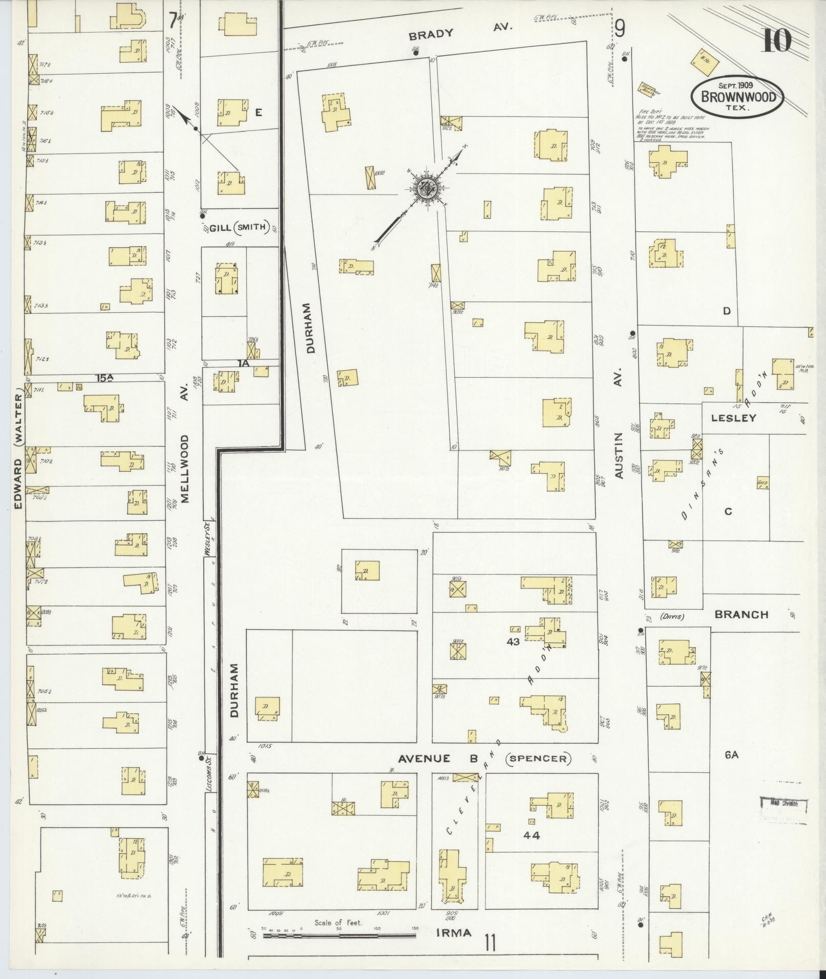 Sanborn Fire Insurance Map from Brownwood, Brown County, Texas (1909), Sheet #0010 - Historic Sanborn Fire Insurance Map Print, vintage old map wall art, antique decor, genealogy gift, Texas Texas map