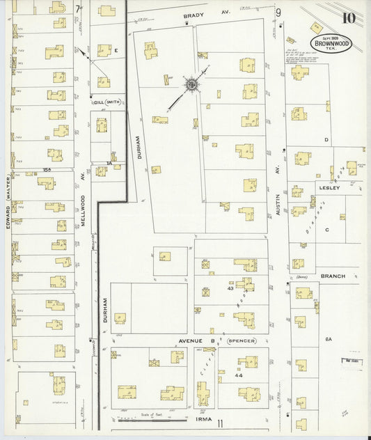 Sanborn Fire Insurance Map from Brownwood, Brown County, Texas (1909), Sheet #0010 - Historic Sanborn Fire Insurance Map Print, vintage old map wall art, antique decor, genealogy gift, Texas Texas map