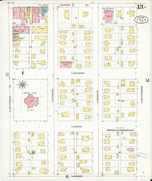 Sanborn Fire Insurance Map from Iola, Allen County, Kansas (1905), Sheet #0013 - Historic Sanborn Fire Insurance Map Print, vintage old map wall art, antique decor, genealogy gift, Kansas Kansas map