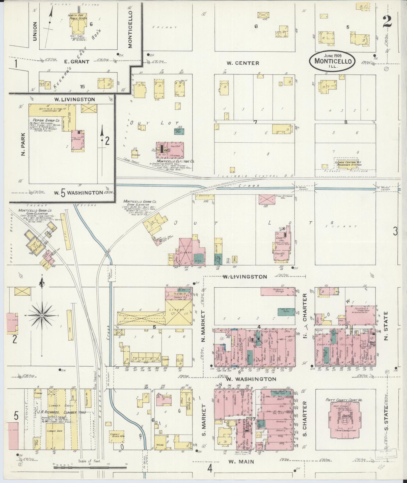 Sanborn Fire Insurance Map from Monticello, Piatt County, Illinois (1909), Sheet #0002 - Complete Map Set gallery image, historic Sanborn map, vintage wall art, Illinois Illinois