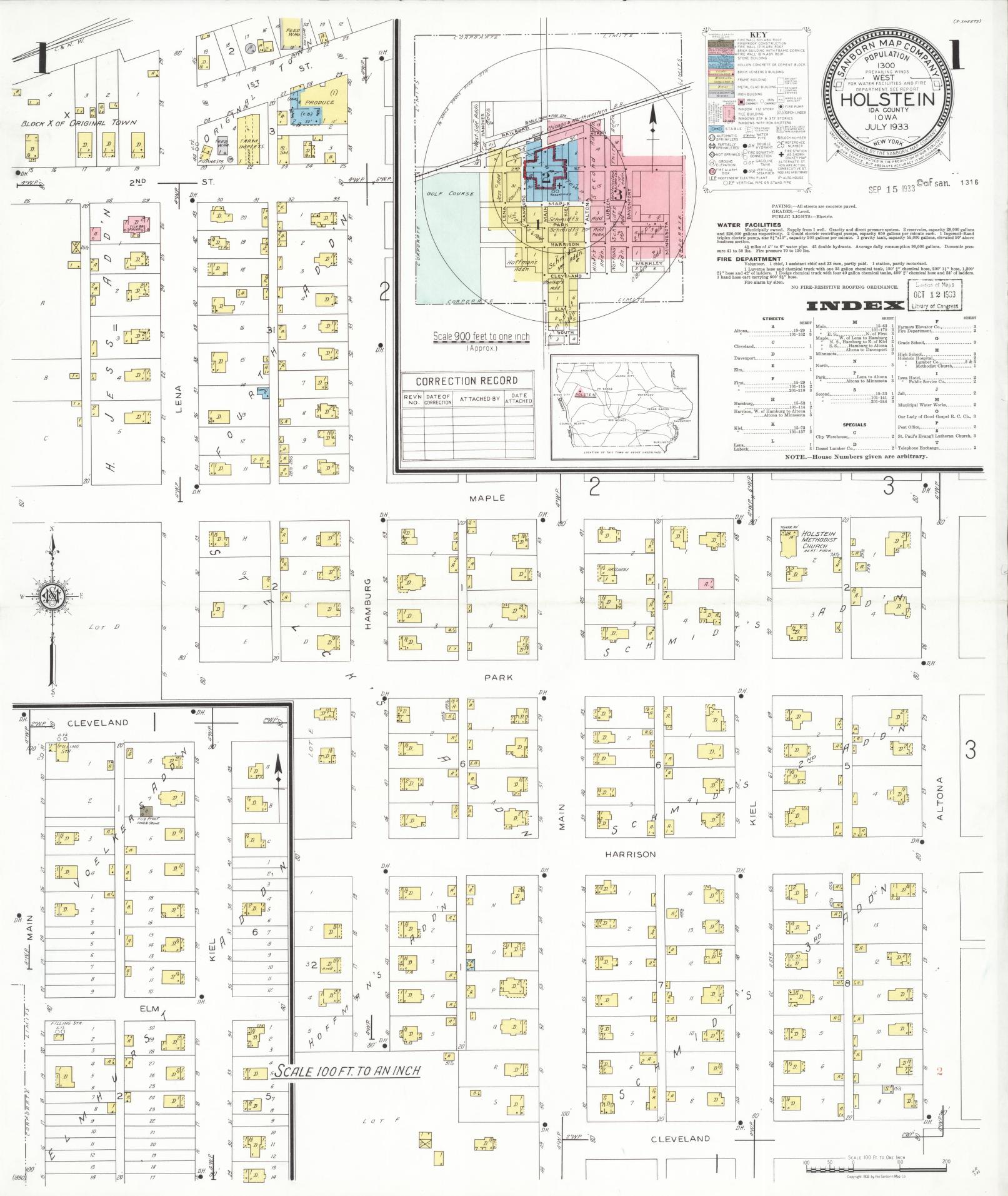 Sanborn Fire Insurance Map from Holstein, Ida County, Iowa (1933), Sheet #0001 - Historic Sanborn Fire Insurance Map Print, vintage old map wall art