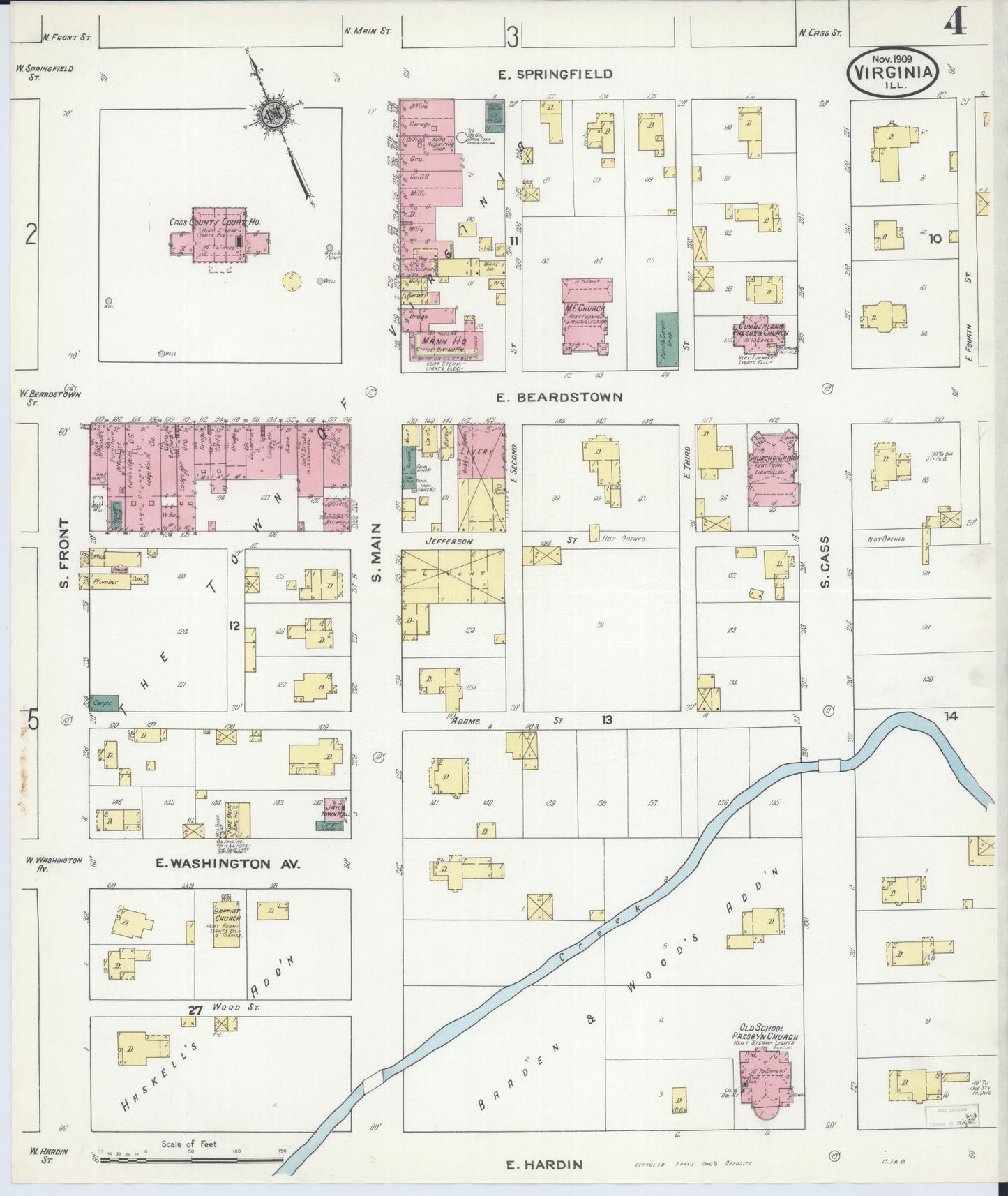 Sanborn Fire Insurance Map from Virginia, Cass County, Illinois (1909), Sheet #0004 - Complete Map Set gallery image, historic Sanborn map, vintage wall art, Virginia Virginia
