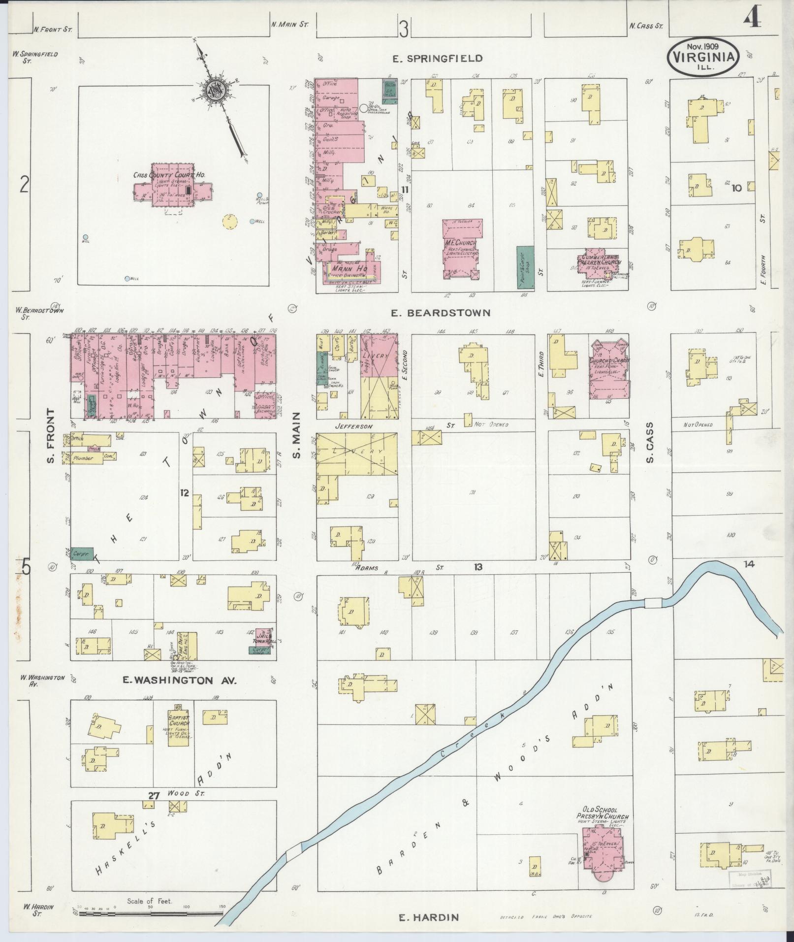 Sanborn Fire Insurance Map from Virginia, Cass County, Illinois (1909), Sheet #0004 - Complete Map Set gallery image, historic Sanborn map, vintage wall art, Virginia Virginia