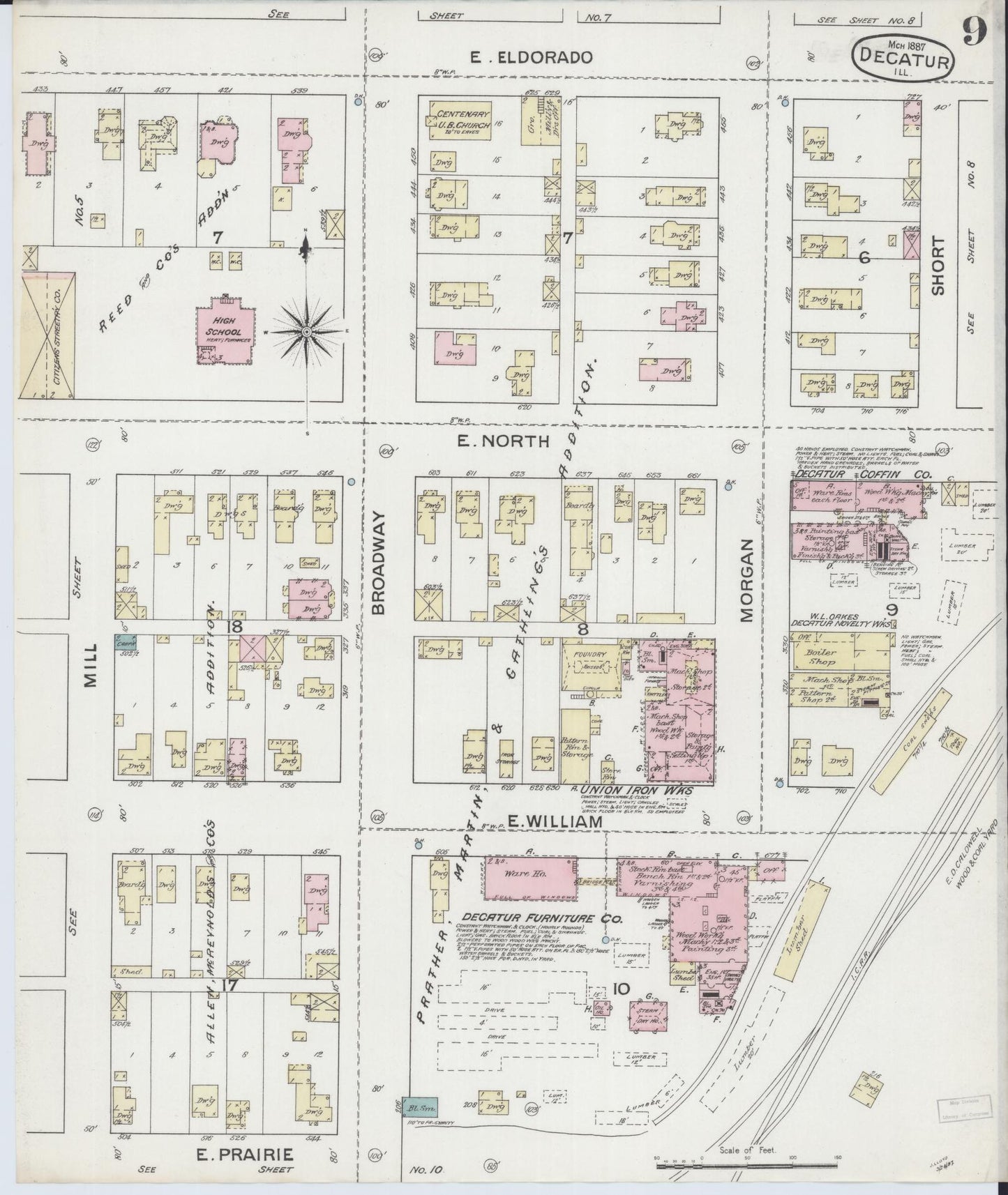 Sanborn Fire Insurance Map from Decatur, Macon County, Illinois (1887), Sheet #0009 - Historic Sanborn Fire Insurance Map Print, vintage old map wall art, antique decor, genealogy gift, Illinois Illinois map