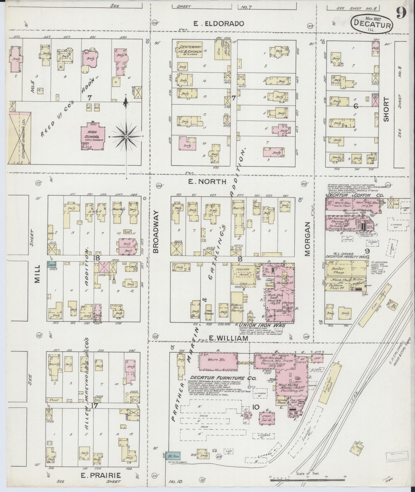 Sanborn Fire Insurance Map from Decatur, Macon County, Illinois (1887), Sheet #0009 - Historic Sanborn Fire Insurance Map Print, vintage old map wall art, antique decor, genealogy gift, Illinois Illinois map
