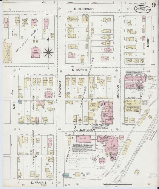 Sanborn Fire Insurance Map from Decatur, Macon County, Illinois (1887), Sheet #0009 - Historic Sanborn Fire Insurance Map Print, vintage old map wall art, antique decor, genealogy gift, Illinois Illinois map