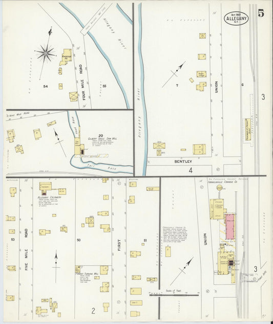 Sanborn Fire Insurance Map from Allegany, Cattaraugus County, New York (1907), Sheet #0005 - Historic Sanborn Fire Insurance Map Print, vintage old map wall art, antique decor, genealogy gift, New York New York map