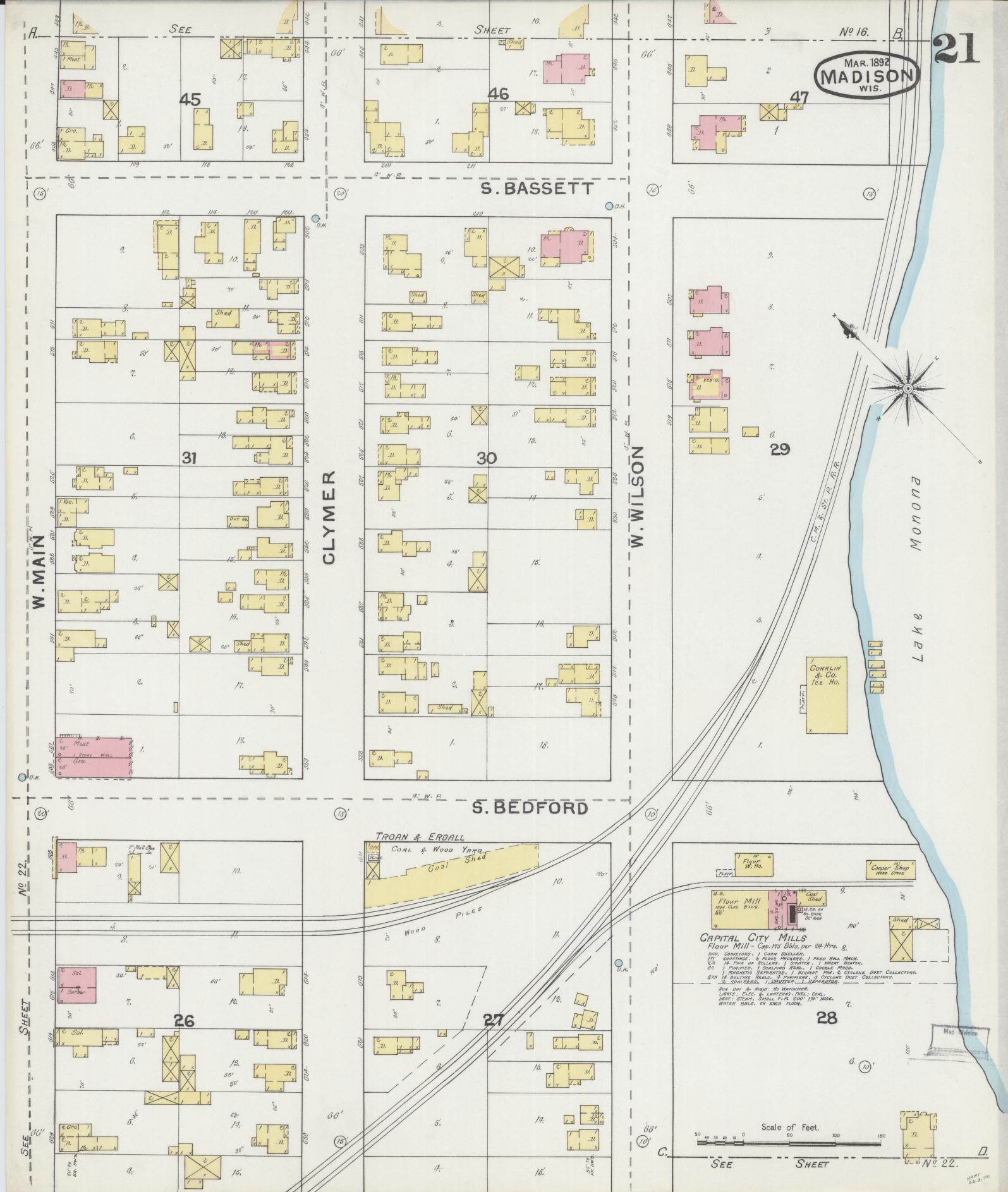 Sanborn Fire Insurance Map from Madison, Dane County, Wisconsin (1892), Sheet #0021 - Historic Sanborn Fire Insurance Map Print, vintage old map wall art, antique decor, genealogy gift, Wisconsin Wisconsin map