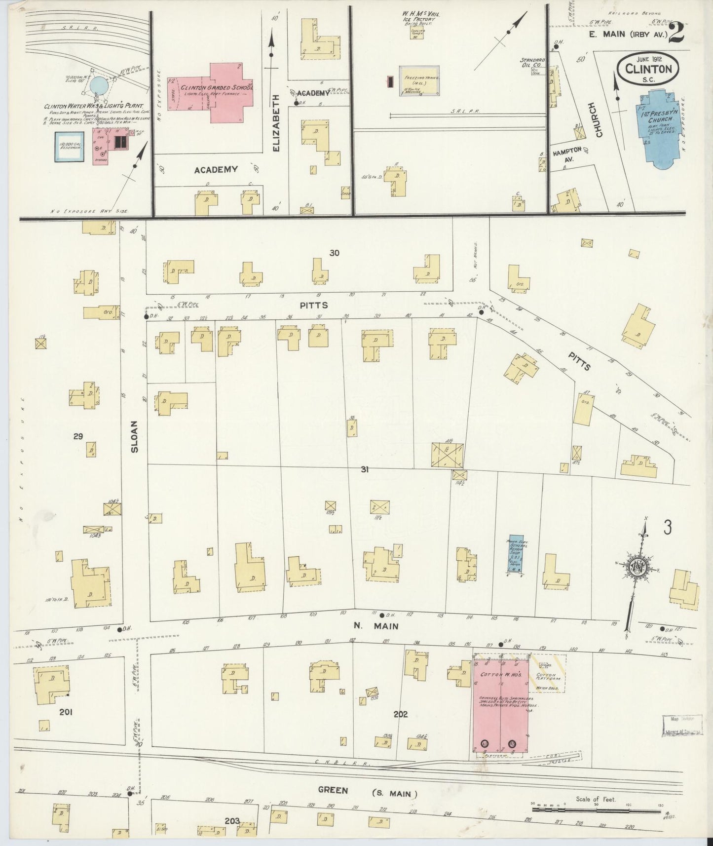 Sanborn Fire Insurance Map from Clinton, Laurens County, South Carolina (1912), Sheet #0002 - Complete Map Set gallery image, historic Sanborn map, vintage wall art, South Carolina South Carolina