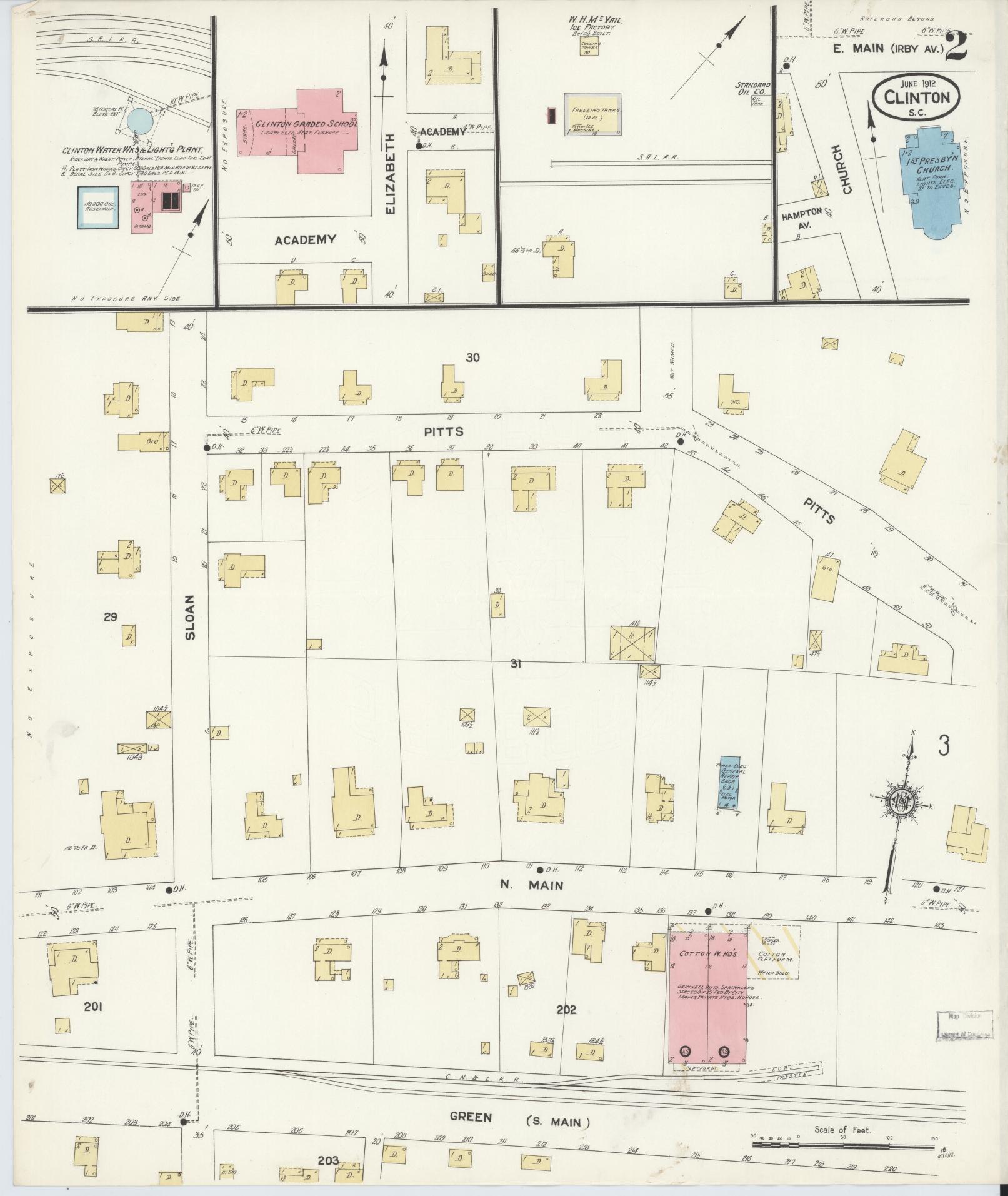 Sanborn Fire Insurance Map from Clinton, Laurens County, South Carolina (1912), Sheet #0002 - Complete Map Set gallery image, historic Sanborn map, vintage wall art, South Carolina South Carolina