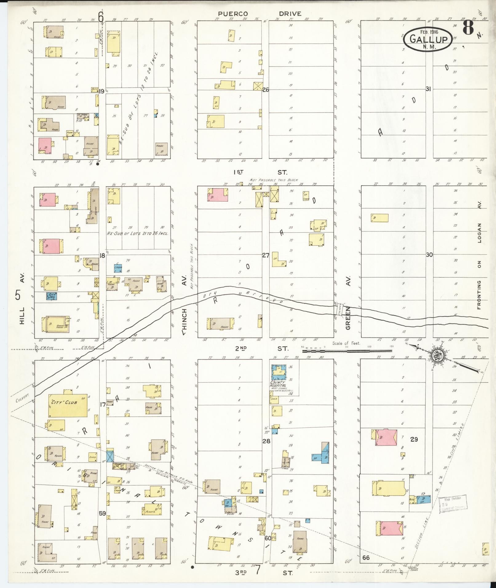 Sanborn Fire Insurance Map from Gallup, Mckinley County, New Mexico (1916), Sheet #0008 - Historic Sanborn Fire Insurance Map Print, vintage old map wall art, antique decor, genealogy gift, New Mexico New Mexico map