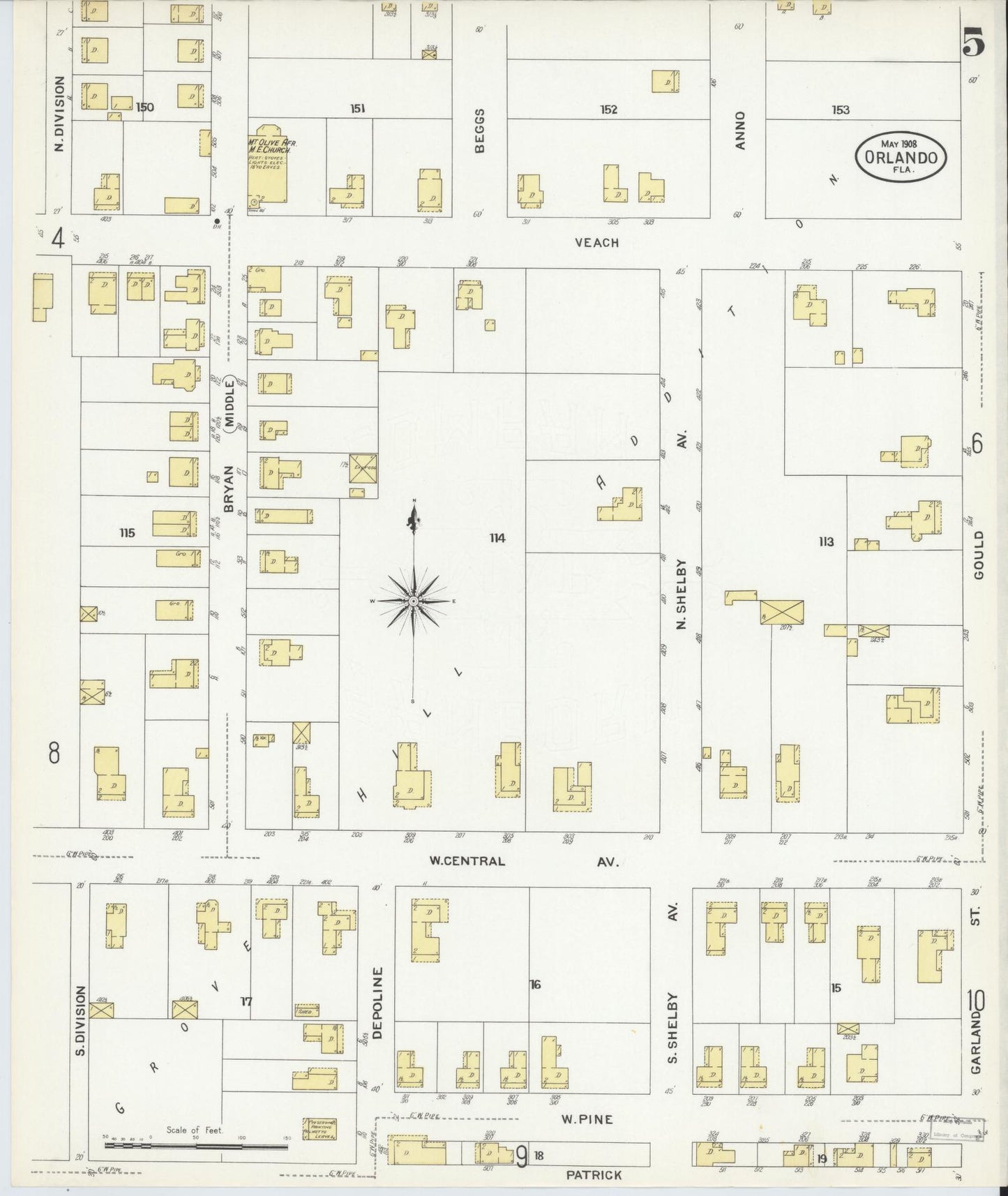 Sanborn Fire Insurance Map from Orlando, Orange County, Florida (1908), Sheet #0005 - Complete Map Set gallery image, historic Sanborn map, vintage wall art, Florida Florida
