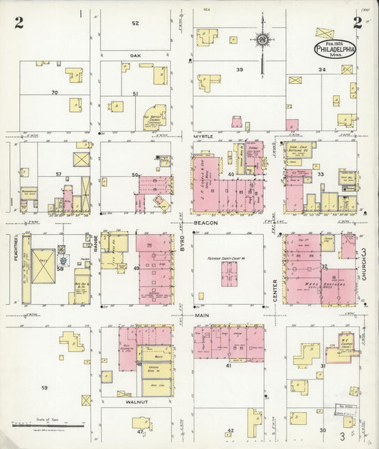 Sanborn Fire Insurance Map from Philadelphia, Neshoba County, Mississippi (1926), Sheet #0002 - Historic Sanborn Fire Insurance Map Print, vintage old map wall art, antique decor, genealogy gift, Mississippi Mississippi map