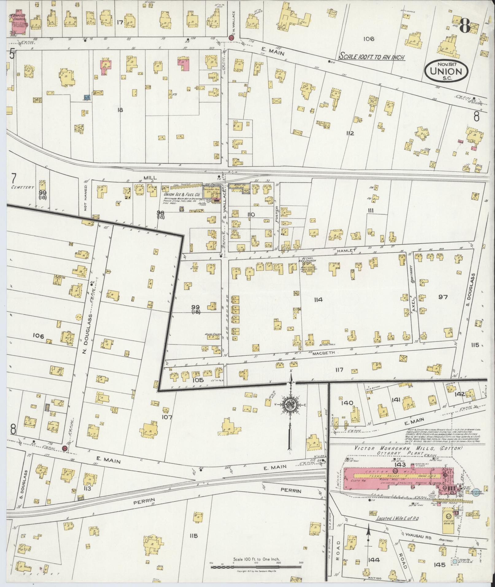 Sanborn Fire Insurance Map from Union, Union County, South Carolina (1917), Sheet #0008 - Complete Map Set gallery image, historic Sanborn map, vintage wall art, South Carolina South Carolina