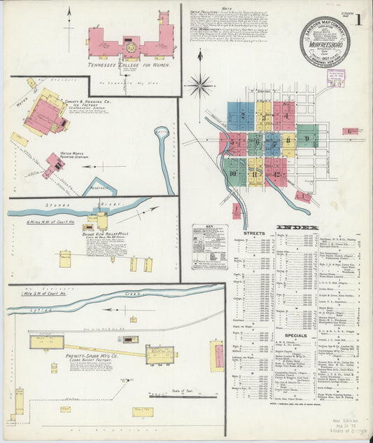 Sanborn Fire Insurance Map from Murfreesboro, Rutherford County, Tennessee (1907), Sheet #0001 - Complete Map Set gallery image, historic Sanborn map, vintage wall art, Tennessee Tennessee