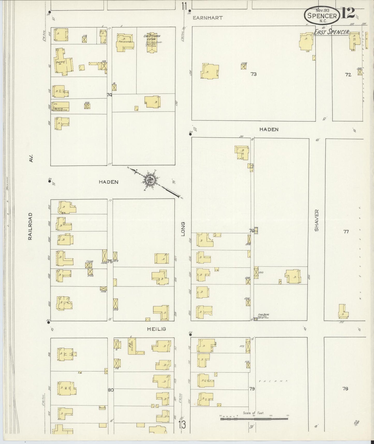 Sanborn Fire Insurance Map from Spencer, Rowan County, North Carolina (1913), Sheet #0012 - Complete Map Set gallery image, historic Sanborn map, vintage wall art, North Carolina North Carolina