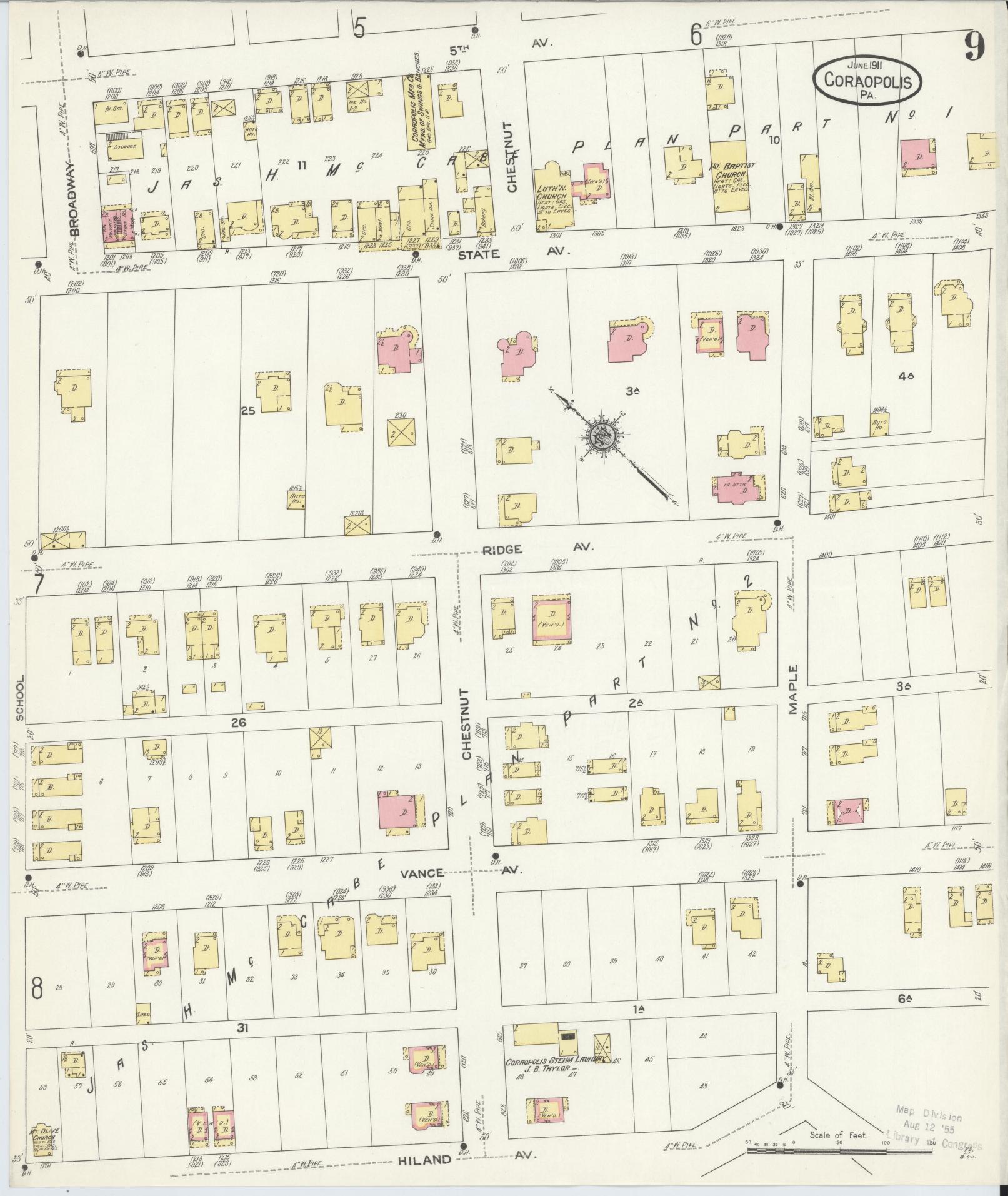 Sanborn Fire Insurance Map from Coraopolis, Allegheny County, Pennsylvania (1911), Sheet #0009 - Historic Sanborn Fire Insurance Map Print, vintage old map wall art, antique decor, genealogy gift, Pennsylvania Pennsylvania map