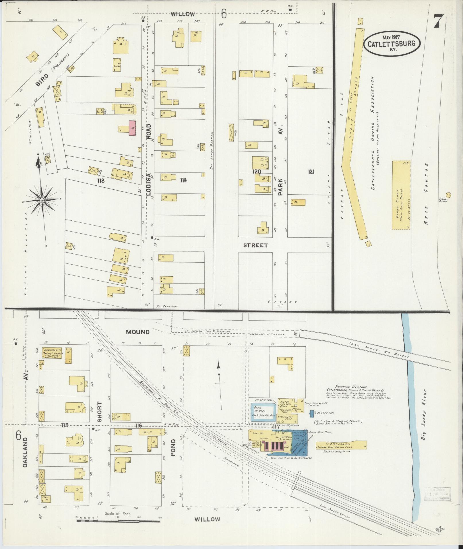 Sanborn Fire Insurance Map from Catlettsburg, Boyd County, Kentucky (1907), Sheet #0007 - Historic Sanborn Fire Insurance Map Print, vintage old map wall art, antique decor, genealogy gift, Kentucky Kentucky map