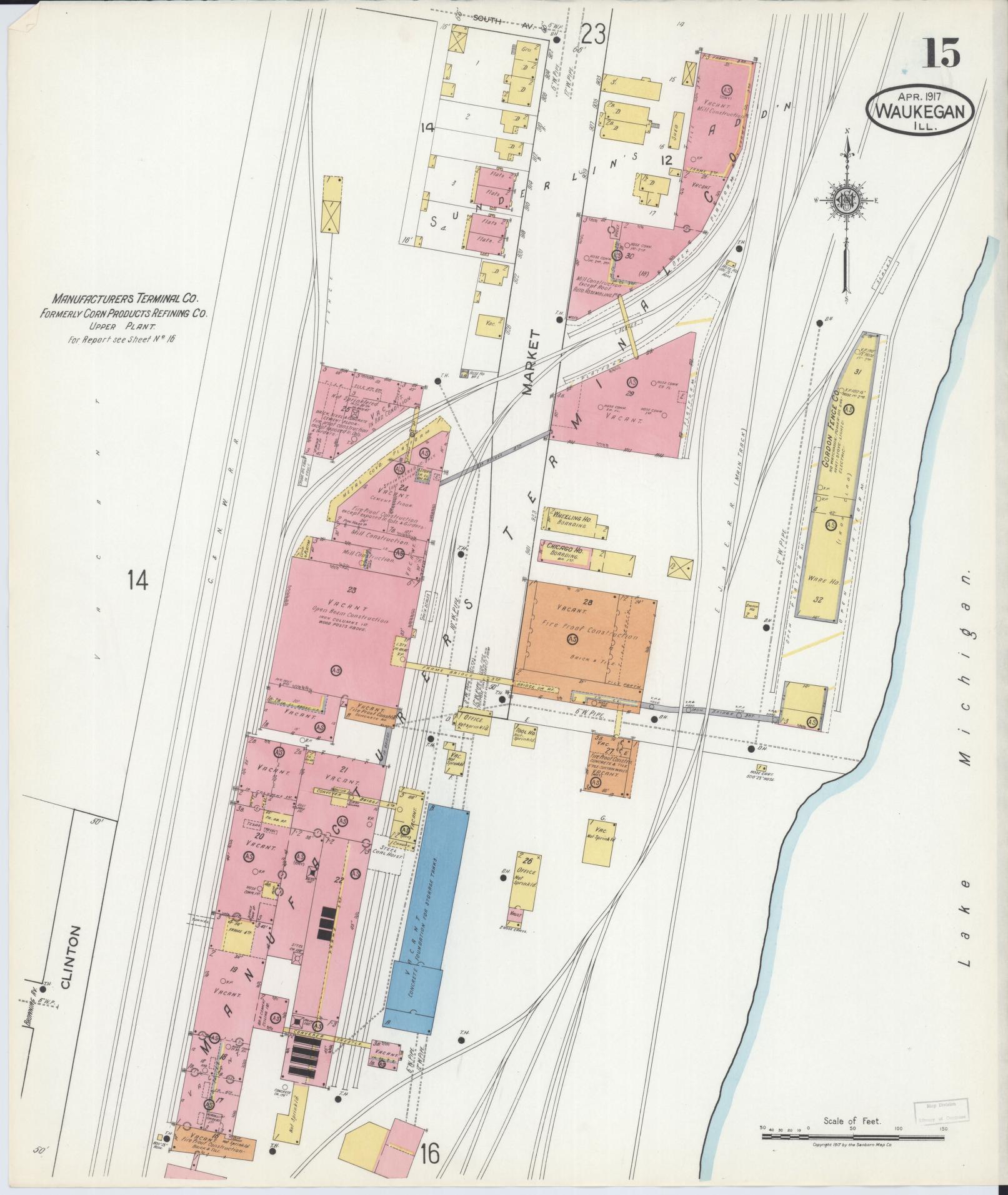 Sanborn Fire Insurance Map from Waukegan, Lake County, Illinois (1917), Sheet #0015 - Complete Map Set gallery image, historic Sanborn map, vintage wall art, Illinois Illinois