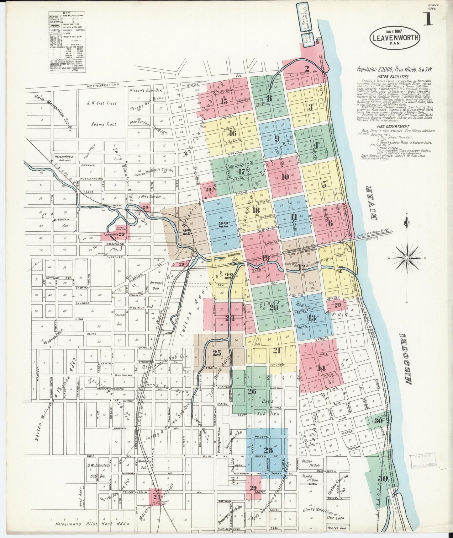 Sanborn Fire Insurance Map from Leavenworth, Leavenworth County, Kansas (1897), Sheet #0002 - Historic Sanborn Fire Insurance Map Print, vintage old map wall art, antique decor, genealogy gift, Kansas Kansas map