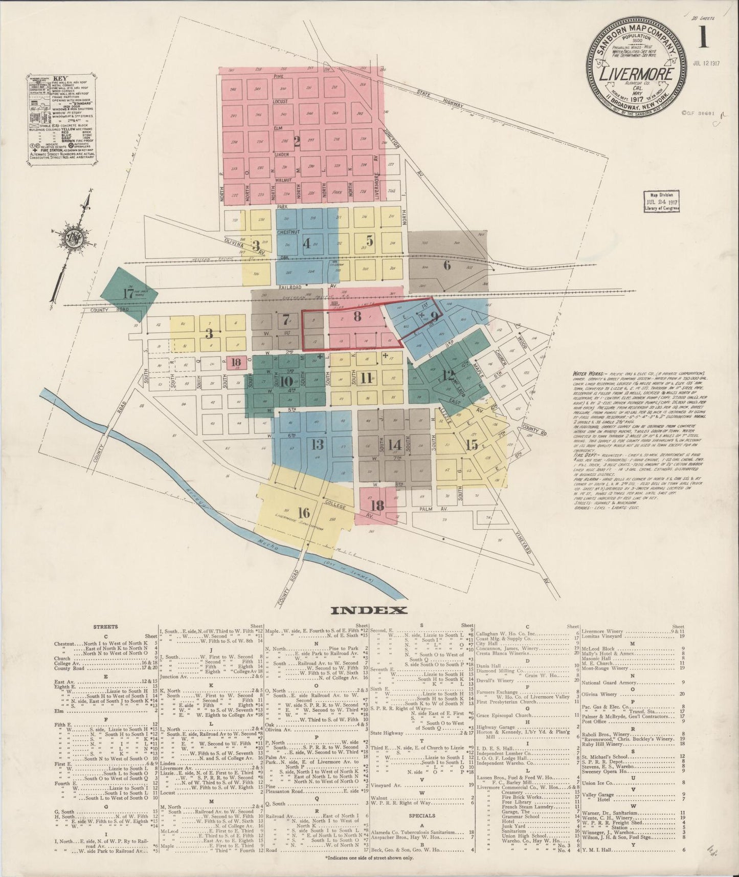 Sanborn Fire Insurance Map from Livermore, Alameda County, California (1917), Sheet #0001 - Historic Sanborn Fire Insurance Map Print, vintage old map wall art, antique decor, genealogy gift, California California map
