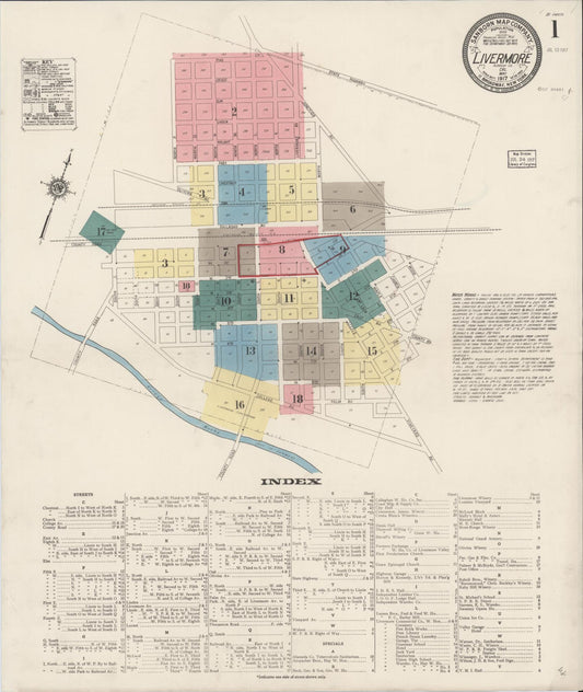 Sanborn Fire Insurance Map from Livermore, Alameda County, California (1917), Sheet #0001 - Historic Sanborn Fire Insurance Map Print, vintage old map wall art, antique decor, genealogy gift, California California map