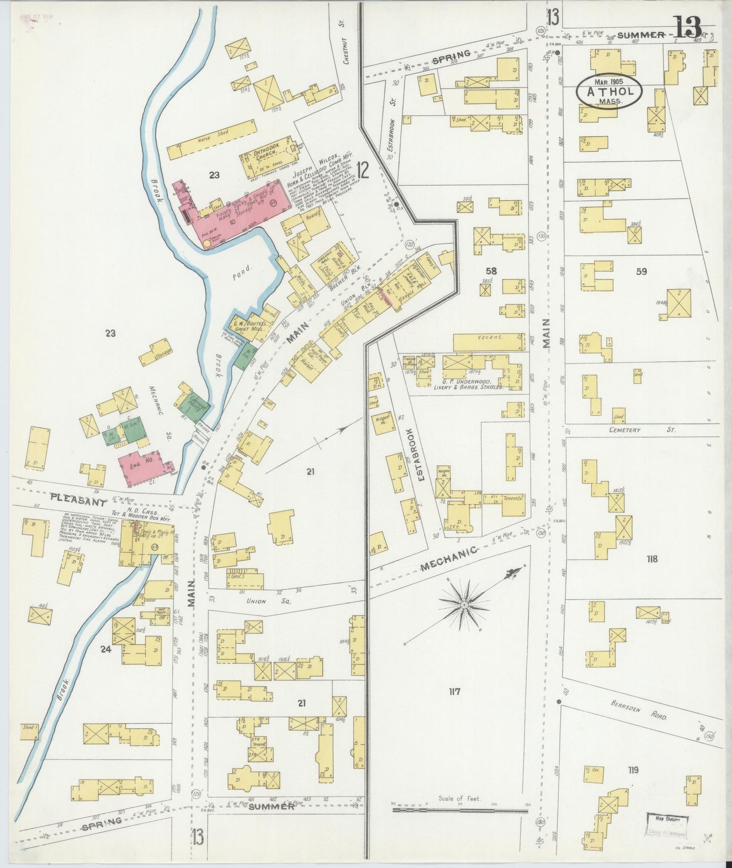Sanborn Fire Insurance Map from Athol, Worcester County, Massachusetts (1905), Sheet #0013 - Complete Map Set gallery image, historic Sanborn map, vintage wall art, Massachusetts Massachusetts