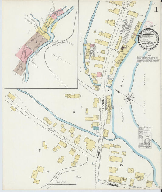 Sanborn Fire Insurance Map from Hinsdale, Cheshire County, New Hampshire (1892), Sheet #0001 - Complete Map Set gallery image, historic Sanborn map, vintage wall art, New Hampshire New Hampshire