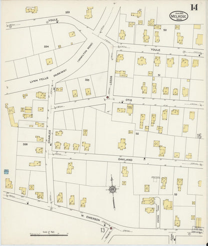 Sanborn Fire Insurance Map from Melrose, Middlesex County, Massachusetts (1915), Sheet #0014 - Complete Map Set gallery image, historic Sanborn map, vintage wall art, Massachusetts Massachusetts