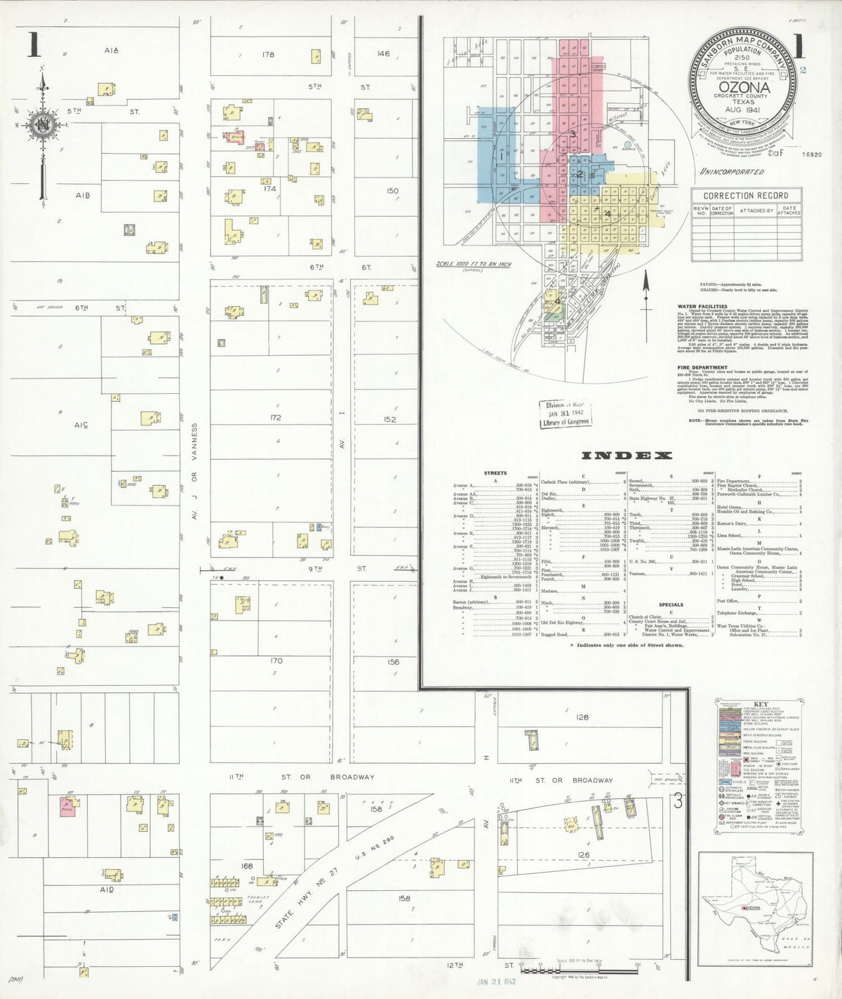Sanborn Fire Insurance Map from Ozona, Crockett County, Texas (1941), Sheet #0001 - Historic Sanborn Fire Insurance Map Print, vintage old map wall art, antique decor, genealogy gift, Texas Texas map