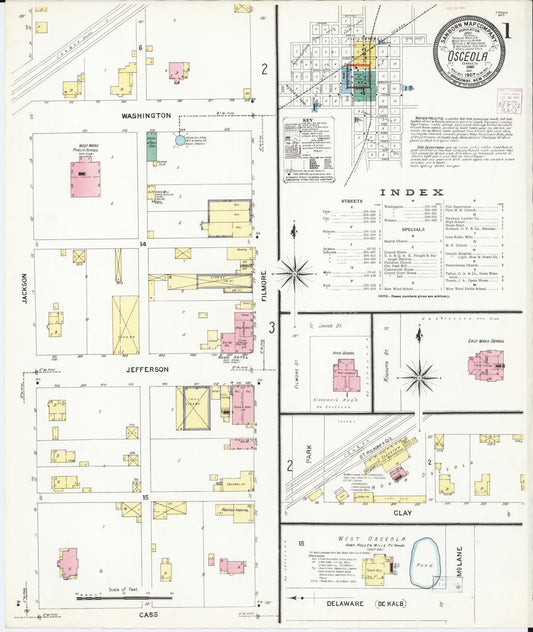 Sanborn Fire Insurance Map from Osceola, Clarke County, Iowa (1907), Sheet #0001 - Historic Sanborn Fire Insurance Map Print, vintage old map wall art