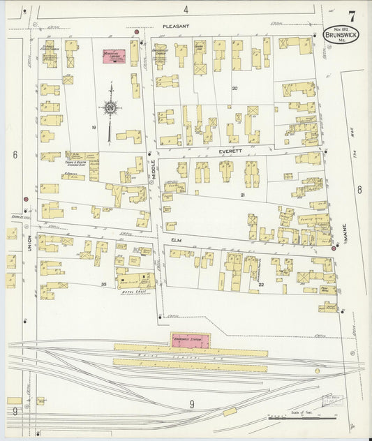 Sanborn Fire Insurance Map from Brunswick, Cumberland County, Maine (1912), Sheet #0007 - Historic Sanborn Fire Insurance Map Print, vintage old map wall art, antique decor, genealogy gift, Maine Maine map